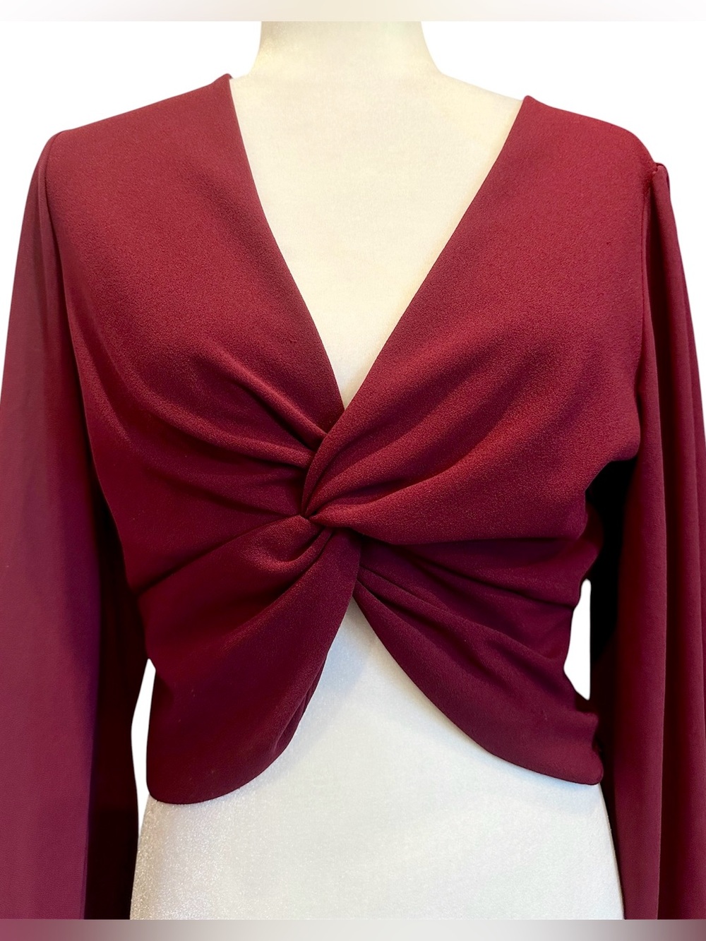 Maroon Twist Front Knot Crop Top with Balloon Sleeves